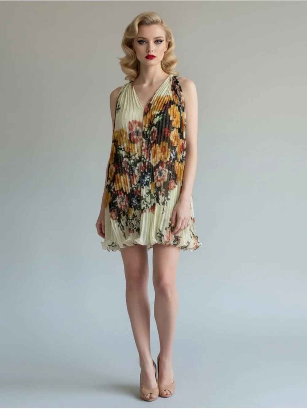 Roberto Cavalli Silk Cream Floral Pleated V-Neck Mini Swing Dress - Picture 1 of 8
